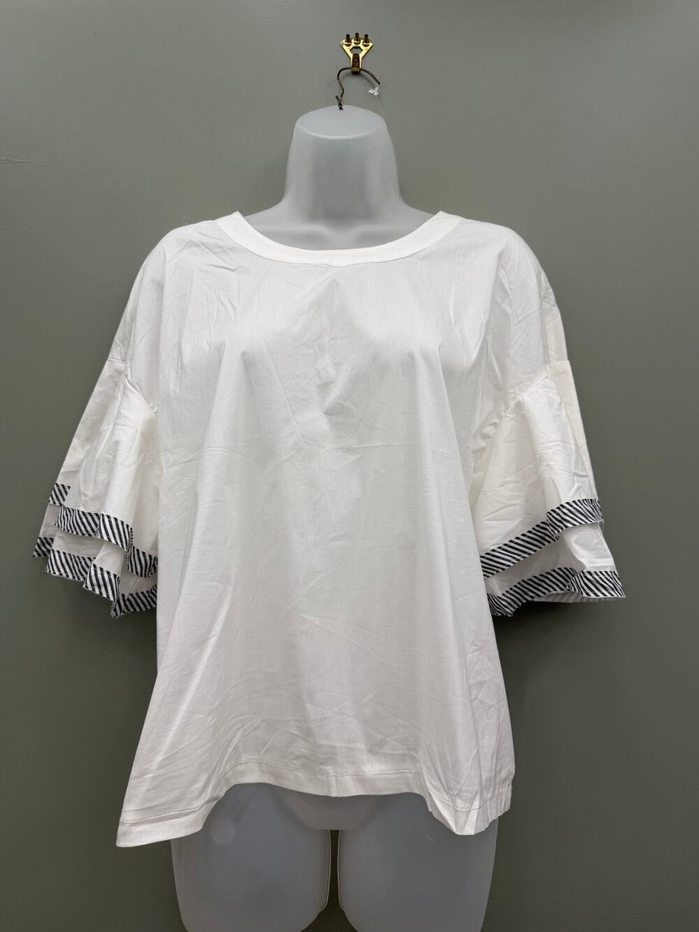 TCEC White Ruffle Bell Sleeve Blouse L Striped Trim Bow Back Coastal Preppy